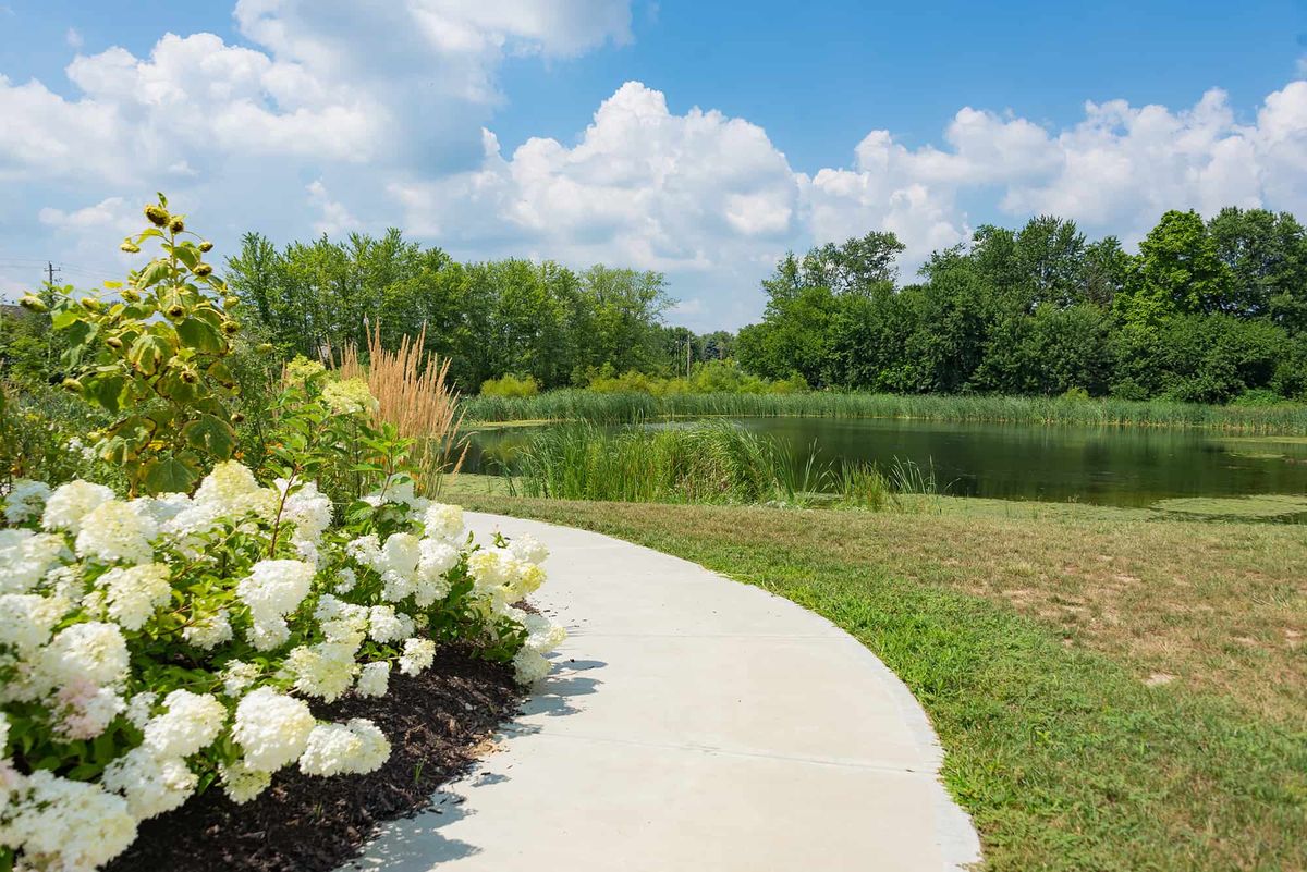 A scenic view of a curved path bordered by flowers, leading towards a lake surrounded by trees under a blue sky.