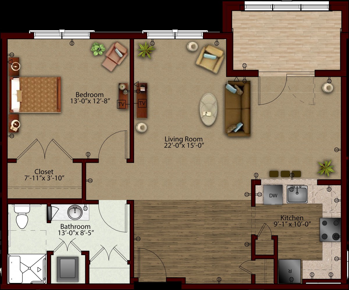 A detailed floor plan of an apartment including a living room, kitchen, bedroom, and bathroom.
