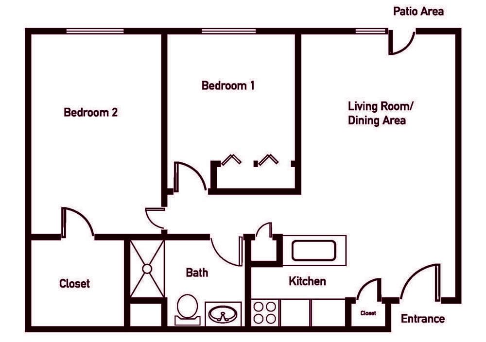 A floor plan of a two-bedroom apartment featuring a living room, kitchen, and bathroom.