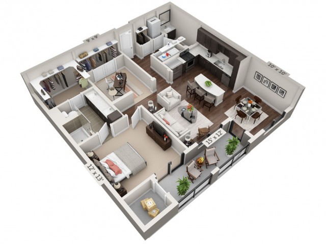 A detailed floor plan of a modern apartment featuring a living room, bedroom, kitchen, and dining area.