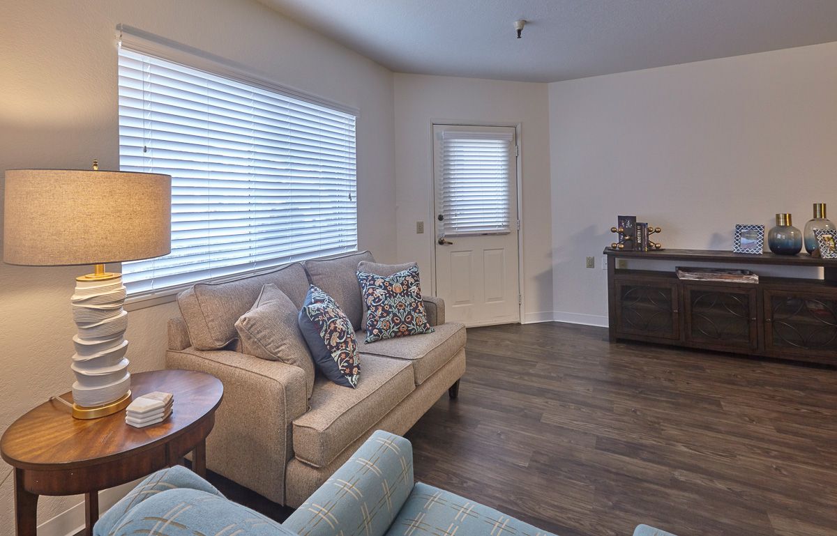 A cozy living room with a sofa and cushions, featuring a lamp, window blinds, and wooden flooring.