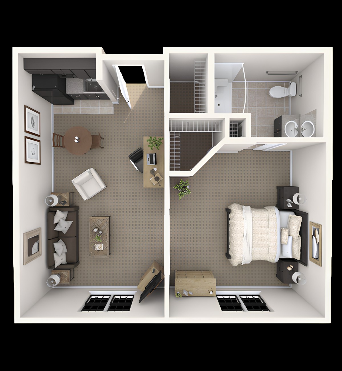 A 3D floor plan of a one-bedroom apartment with a living area, kitchen, and bathroom.