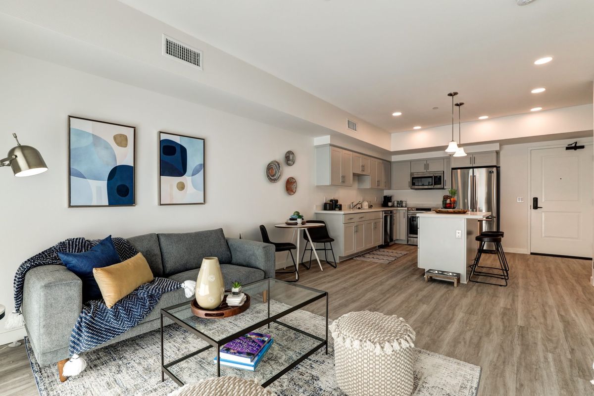 A modern open-plan living room and kitchen with stylish furniture and decor.