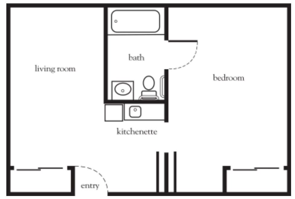 Simple floor plan of a small apartment with one bedroom, bath, kitchen area, and living room.