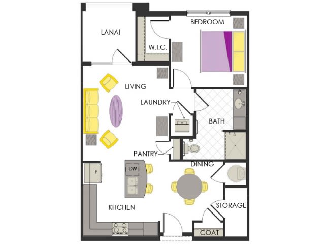 A floor plan of a one-bedroom apartment featuring a kitchen, living area, bathroom, and laundry room.