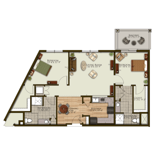 A detailed floor plan of a two-bedroom apartment, featuring a living room, kitchen, two bathrooms, and a balcony.