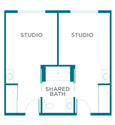 Floor plan of two studio apartments with a shared bathroom.