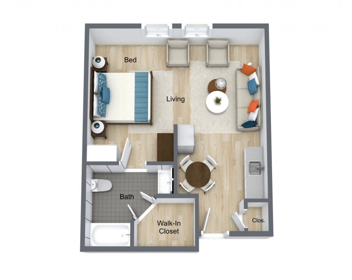 A 1-bedroom apartment floor plan featuring a living area, kitchen, bath, and walk-in closet.