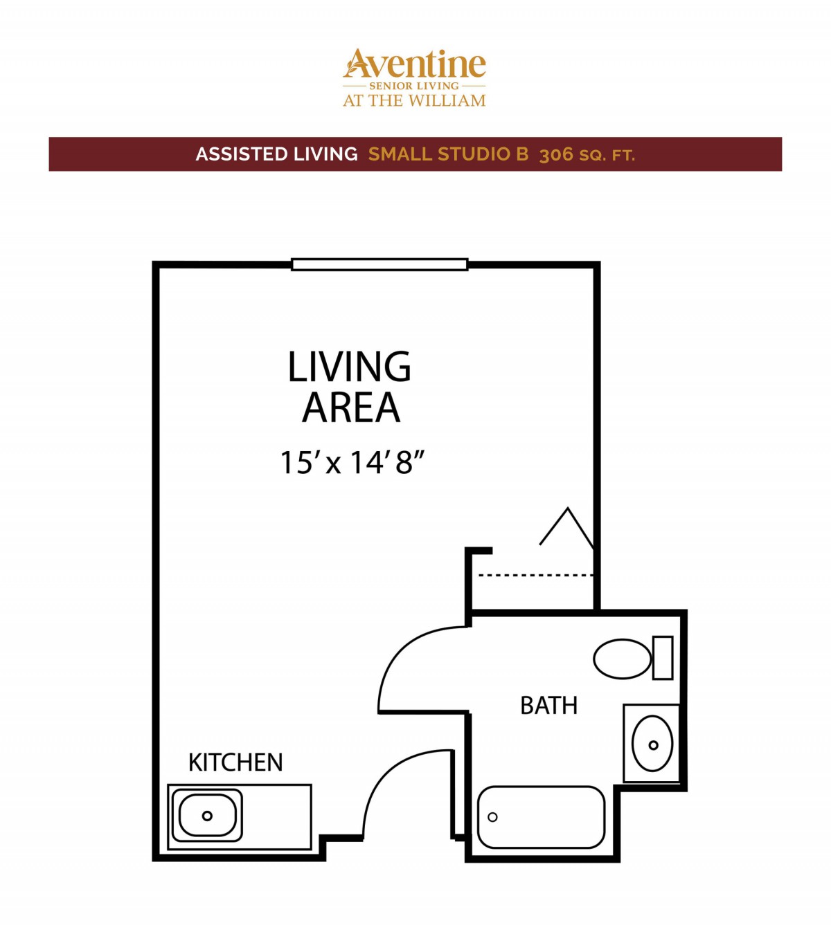 Floor plan of an assisted living small studio apartment.