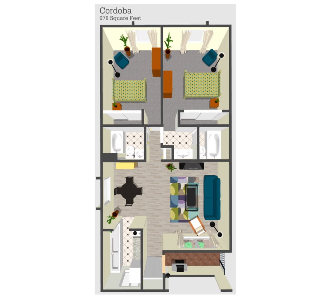 A detailed floor plan of a two-bedroom apartment featuring a living room, kitchen, and bathroom.