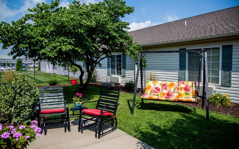 A cozy backyard patio with colorful garden furniture and a swing under a tree.