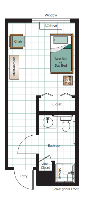 A simple bedroom floor plan featuring a twin bed, closet, and adjoining bathroom.