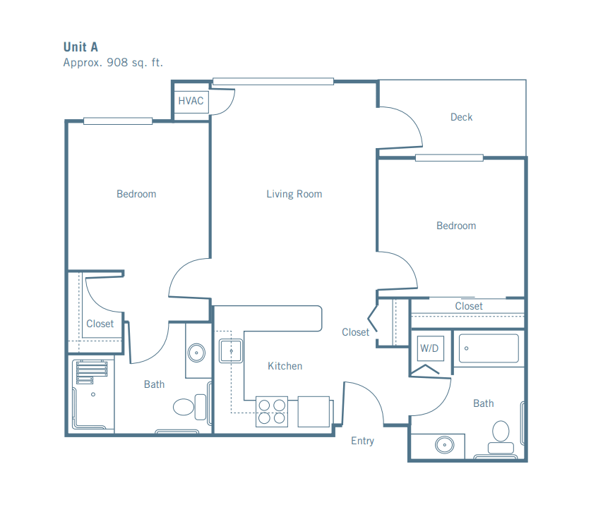 A floor plan for a two-bedroom apartment featuring a living room, kitchen, and two bathrooms.