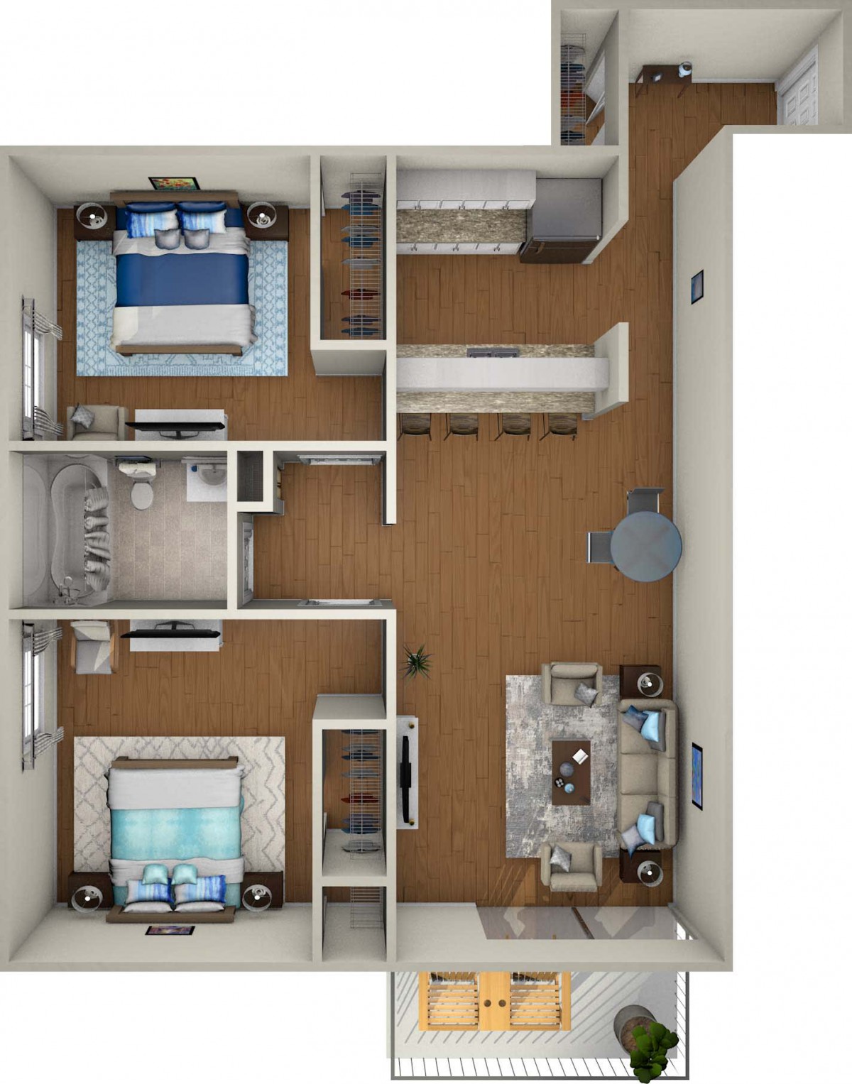 A detailed floor plan of a two-bedroom apartment with an open kitchen and living area.