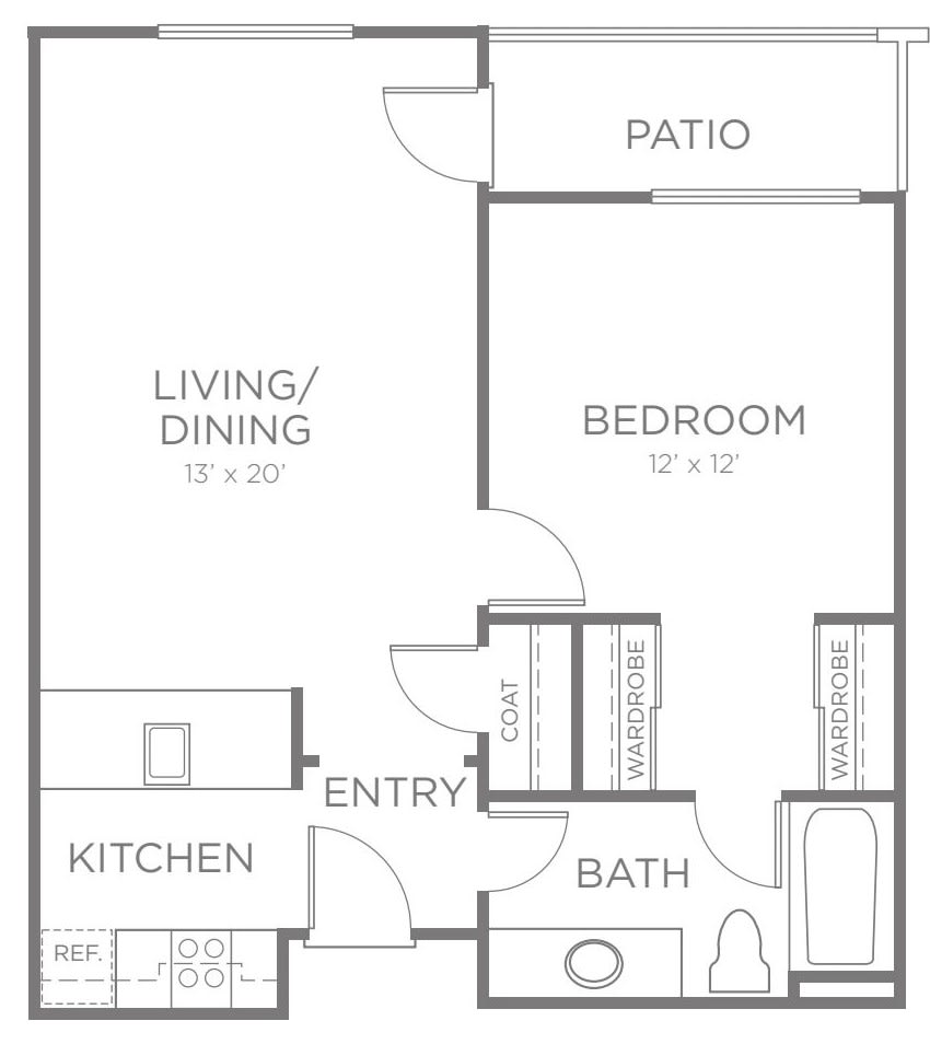 A floor plan of a one-bedroom apartment featuring a living/dining area, kitchen, bathroom, and a patio.