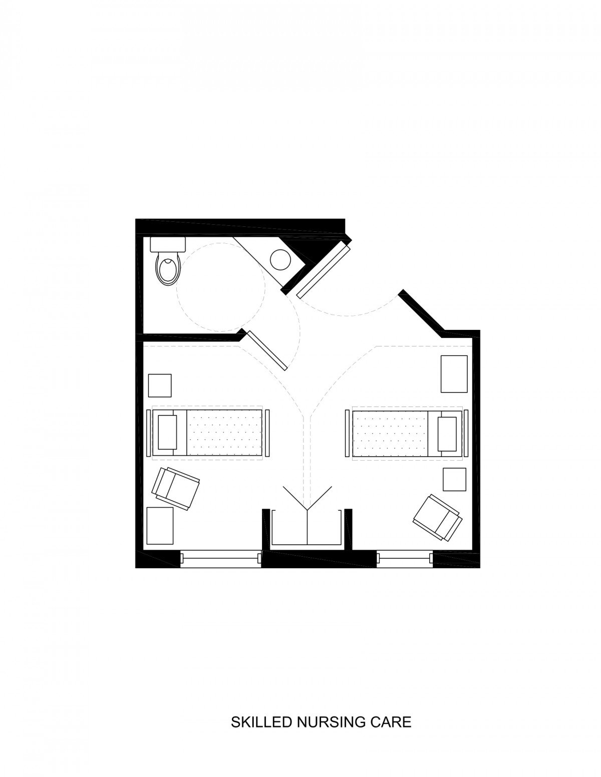 A floor plan of a room featuring two beds, a bathroom with a shower, and additional furniture.