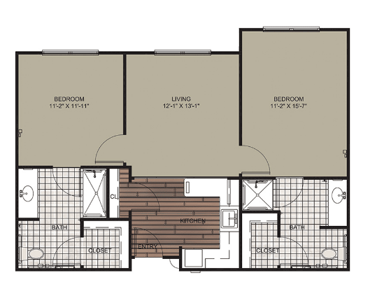 A blueprint of an apartment showing the layout of rooms and spaces.