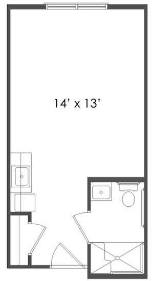 A simple floor plan of a studio apartment measuring 14' x 13', featuring a kitchenette and bathroom.