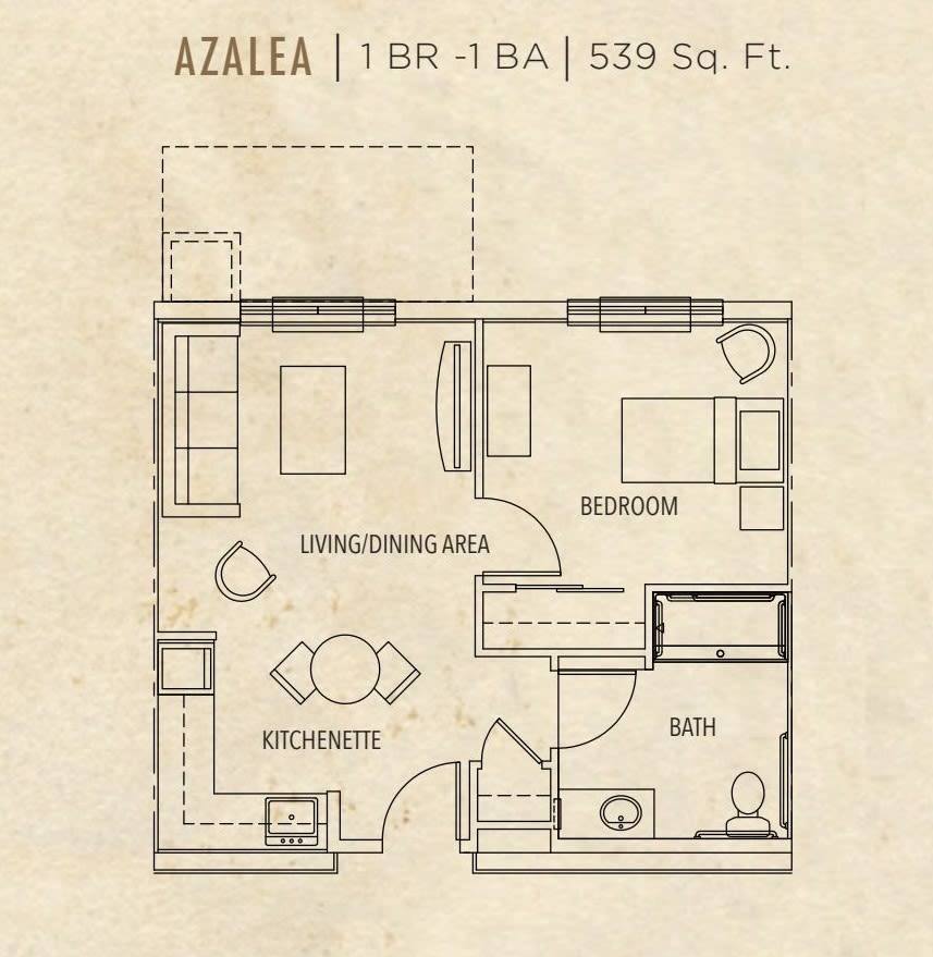 Azalea floor plan: 1 bedroom, 1 bathroom, 550 square feet.