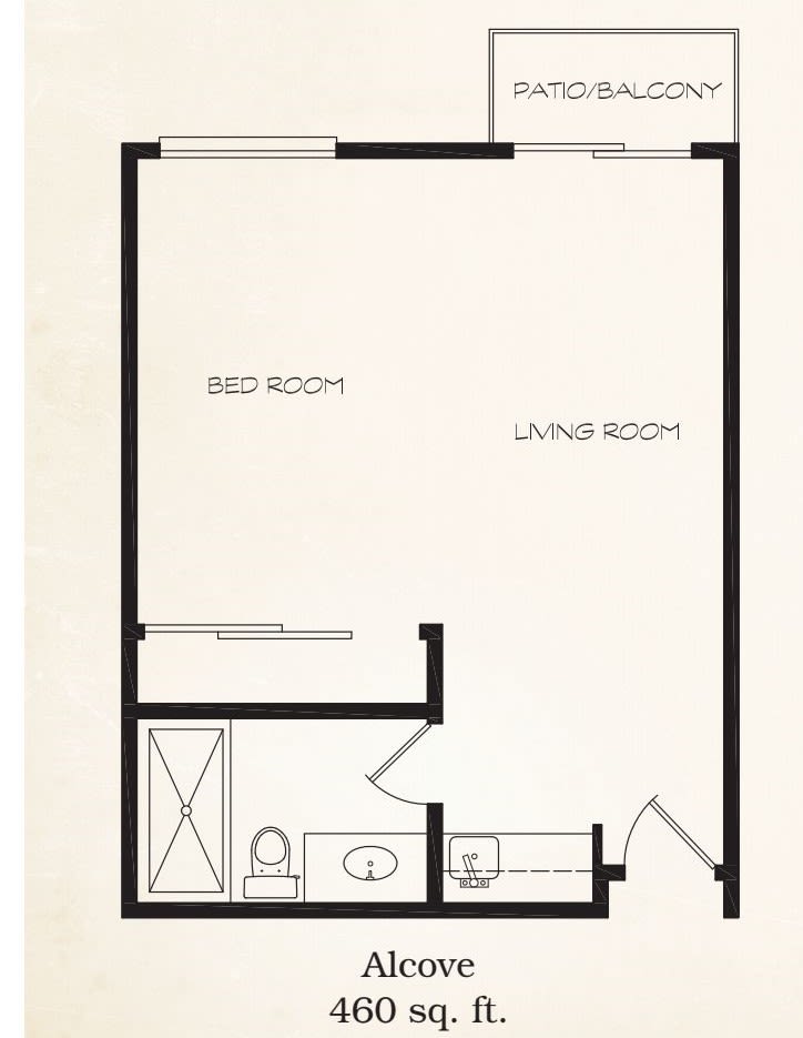 Simple floor plan with bedroom, living room, and bathroom.
