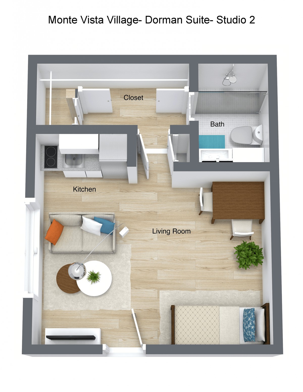 A 3D rendered floor plan of a one-bedroom apartment featuring a living room, kitchen, bathroom, and balcony.