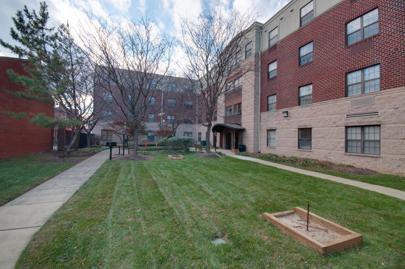 A view of an apartment building with a manicured lawn and trees lining the walkway.