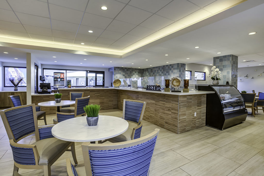 A modern lobby and seating area featuring stylish furniture and contemporary decor.
