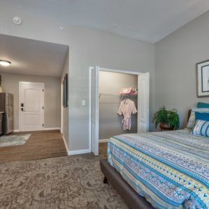 A well-decorated bedroom featuring a bed with striped bedding, an open closet, and warm lighting.