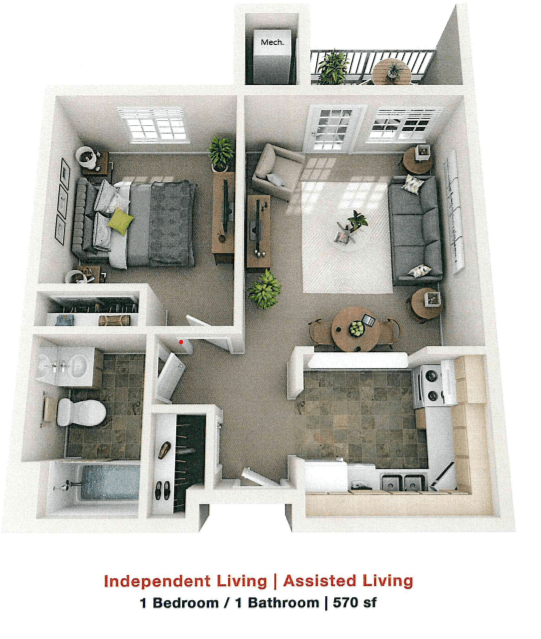 A detailed floor plan of a one-bedroom apartment featuring a living room, kitchen, bathroom, and balcony designed for independent or assisted living.