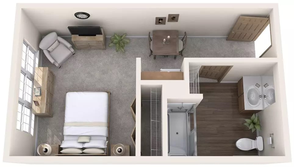 A floor plan of a studio apartment featuring a combined living and bedroom area with adjacent bathroom.