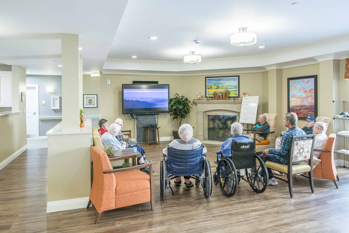 A group of seniors in wheelchairs watching television in a nursing home living room.