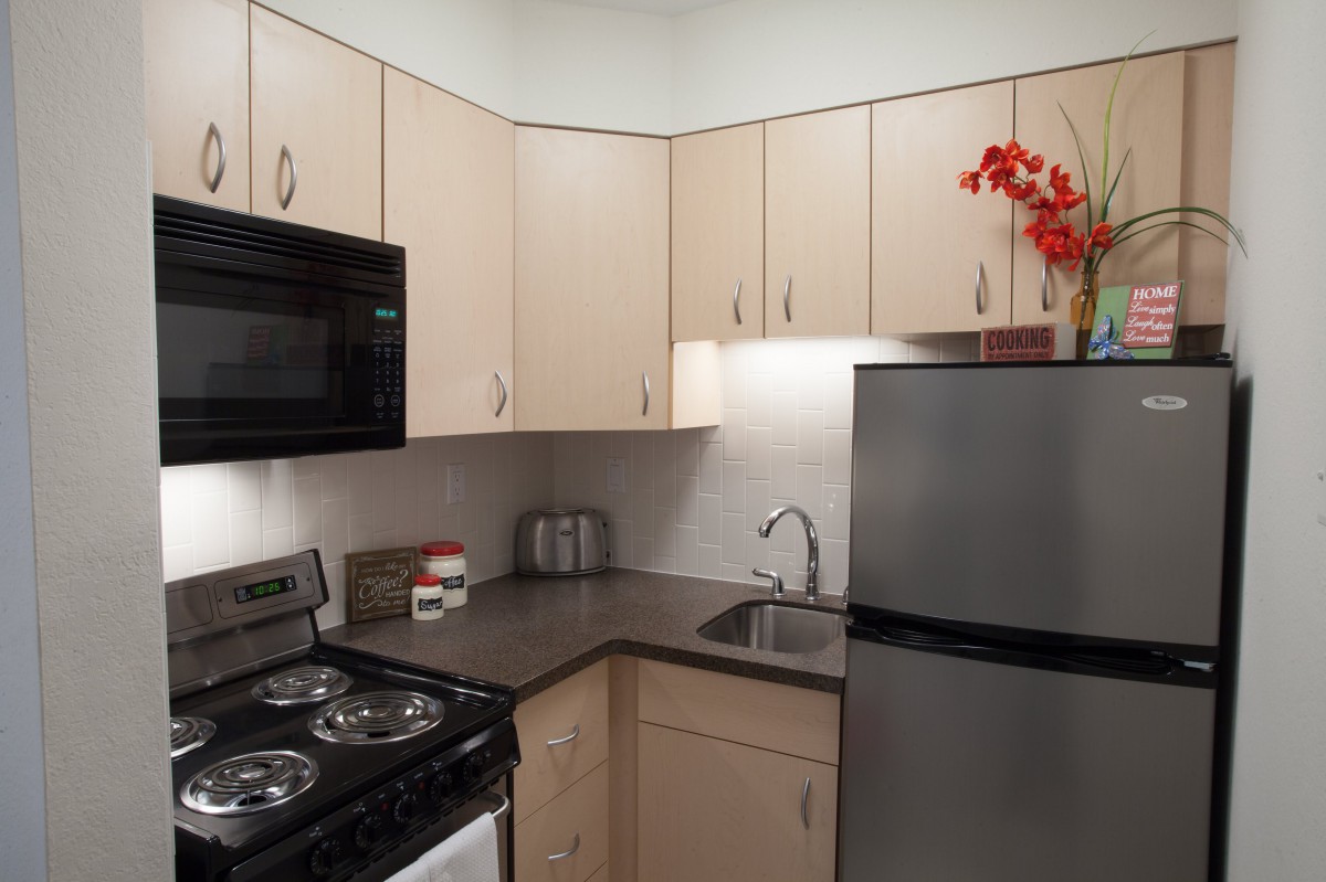 A modern kitchen with stainless steel appliances, black countertops, and light-colored cabinets, featuring a decorative touch with flowers.