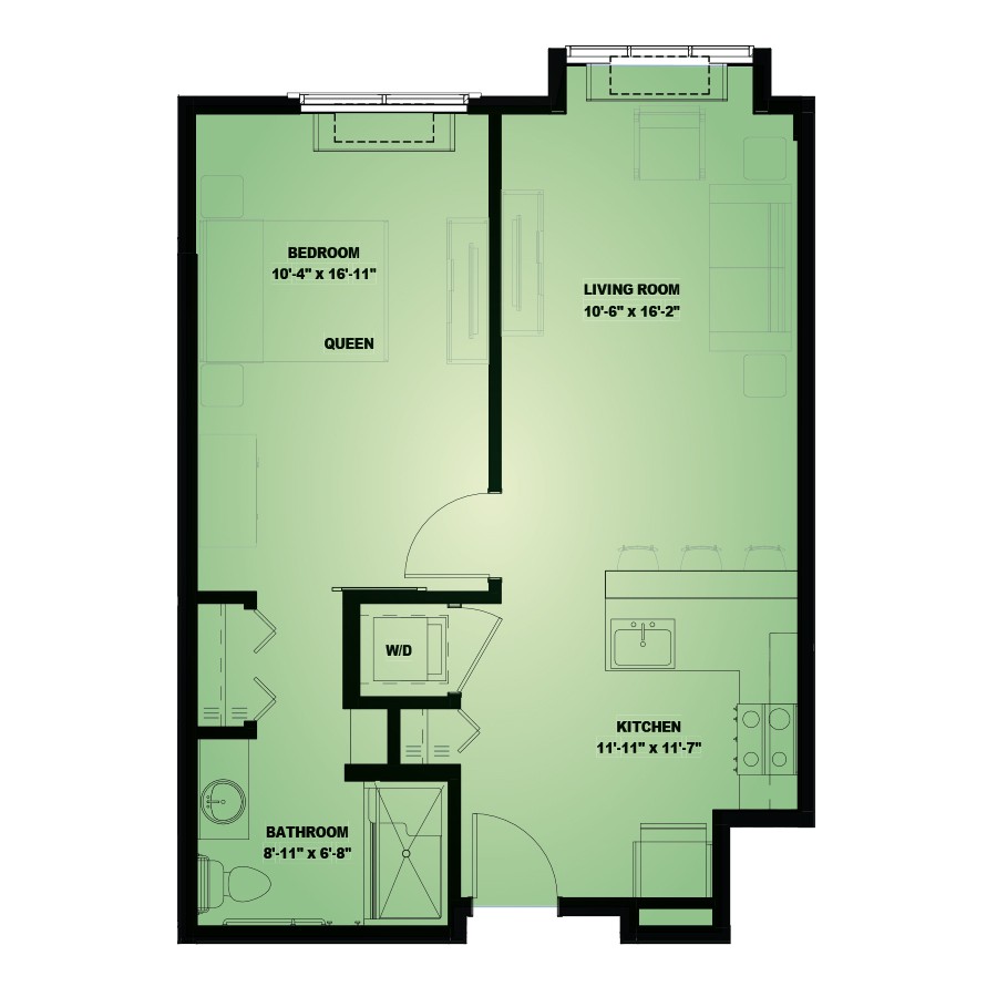 A floor plan of an apartment including a bedroom, bathroom, kitchen, and living room.