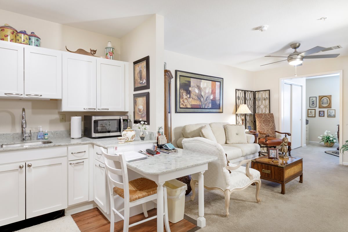 A cozy living area featuring a small kitchen and dining space with warm decor.