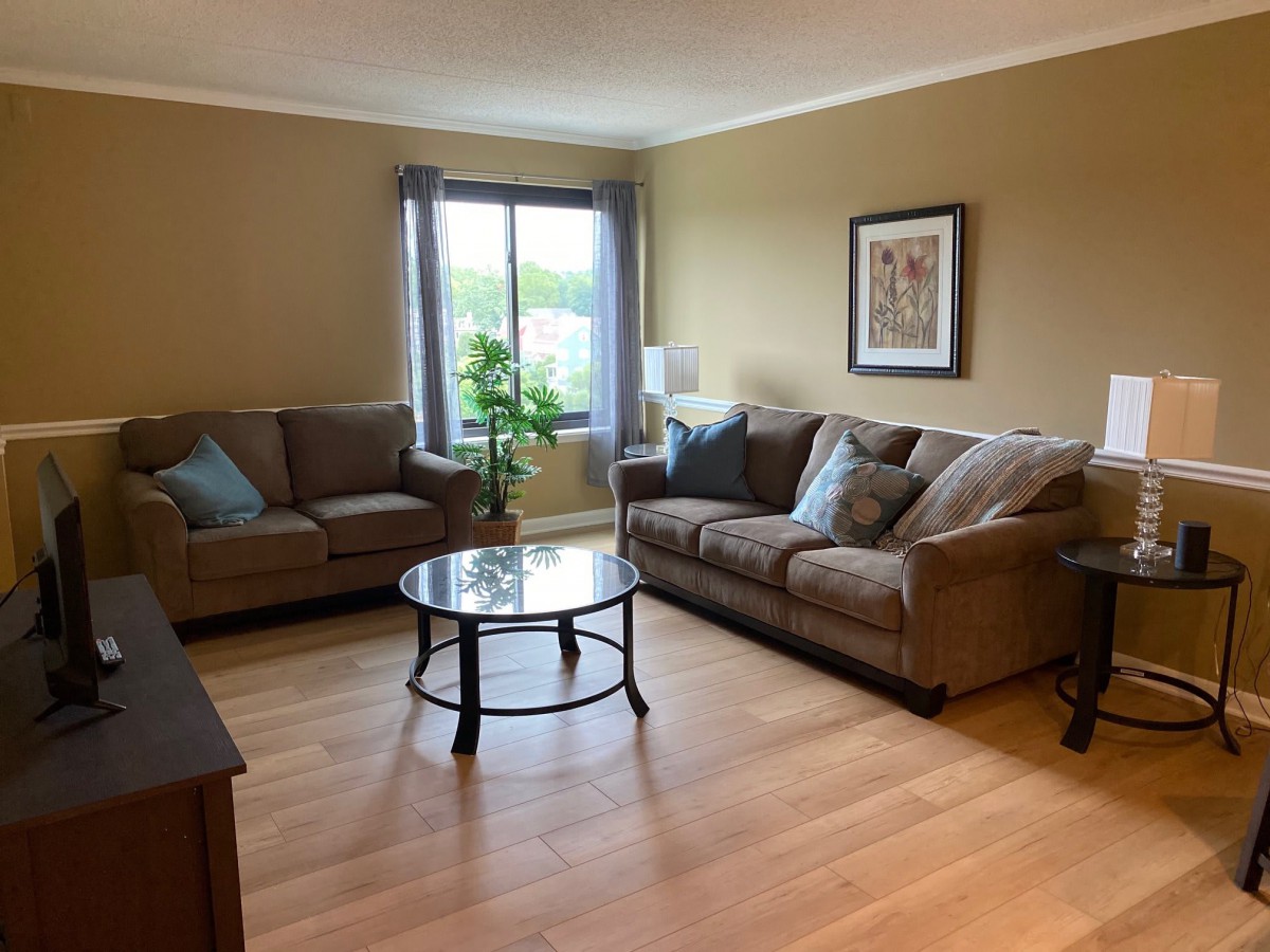 A cozy living room with two sofas, a glass coffee table, and a potted plant by the window.