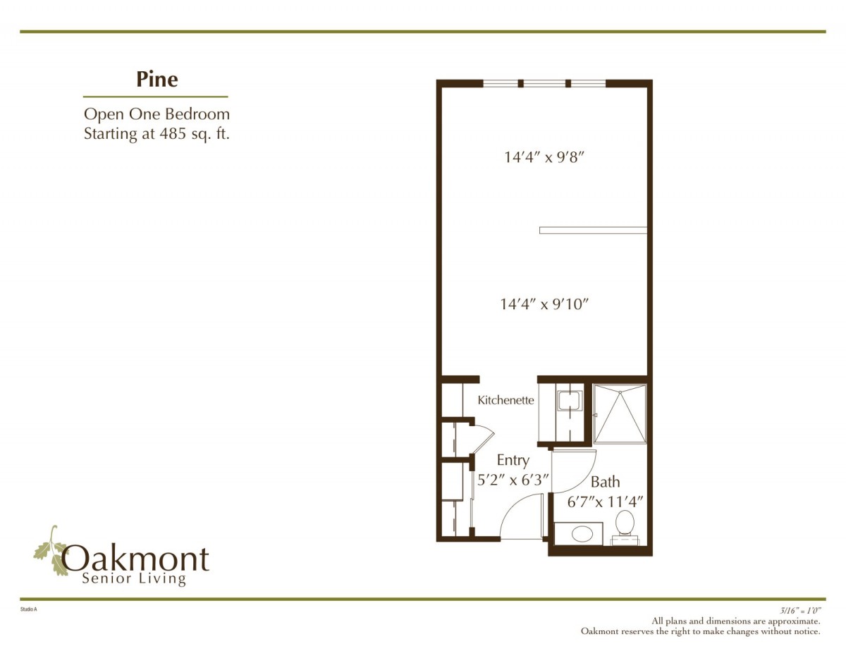 Floor plan of a studio apartment measuring 580 sq. ft.