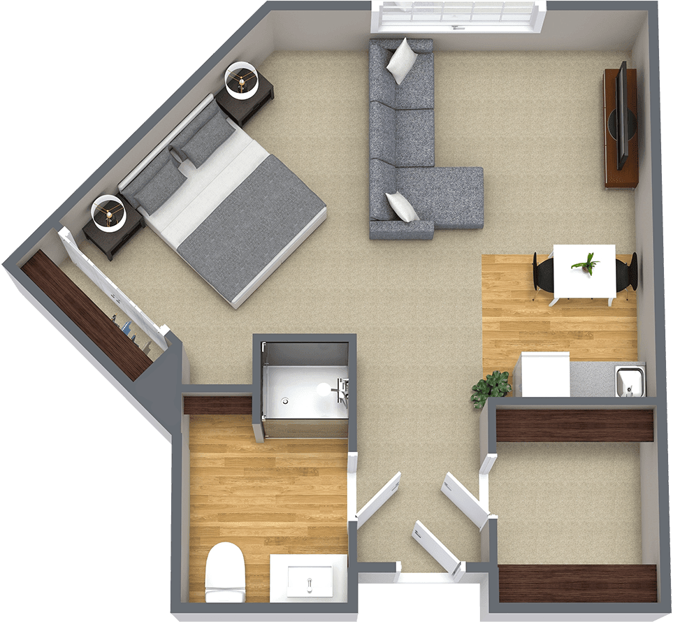 A 3D-rendered floor plan of a one-bedroom apartment, featuring a living room, kitchen, and bathroom.