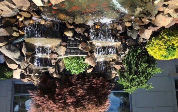 A picturesque garden waterfall with surrounding rocks and lush foliage.