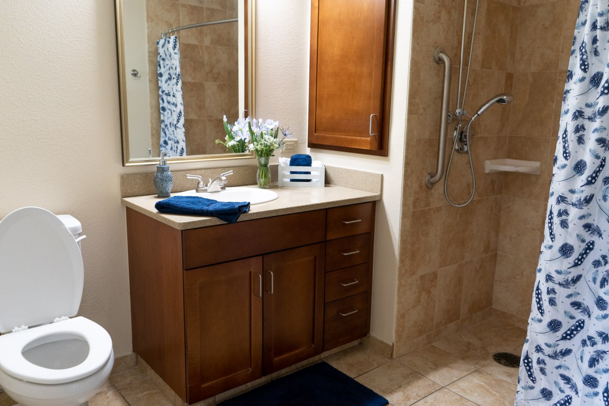 A well-organized bathroom with a wooden vanity, mirror, and walk-in shower.