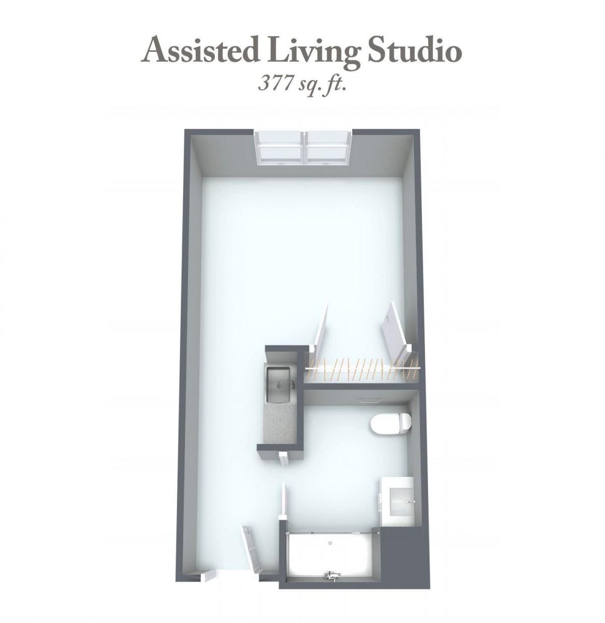 A floor plan of a 377 sq. ft. assisted living studio.
