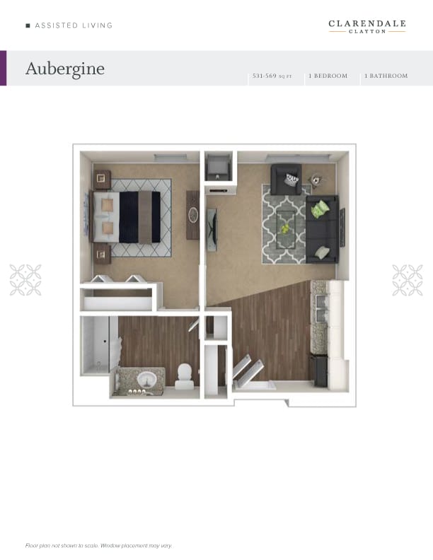 A 3D floor plan of a one-bedroom apartment layout featuring a living room, kitchen, and bathroom.