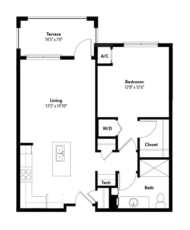 A floor plan of a one-bedroom apartment featuring a living room, kitchen, bathroom, and terrace.