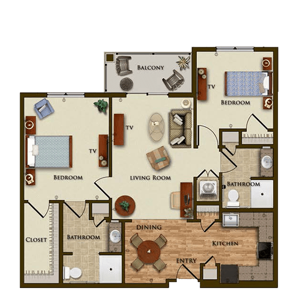 A detailed floor plan of a two-bedroom apartment featuring a living room, kitchen, dining area, and bathroom.