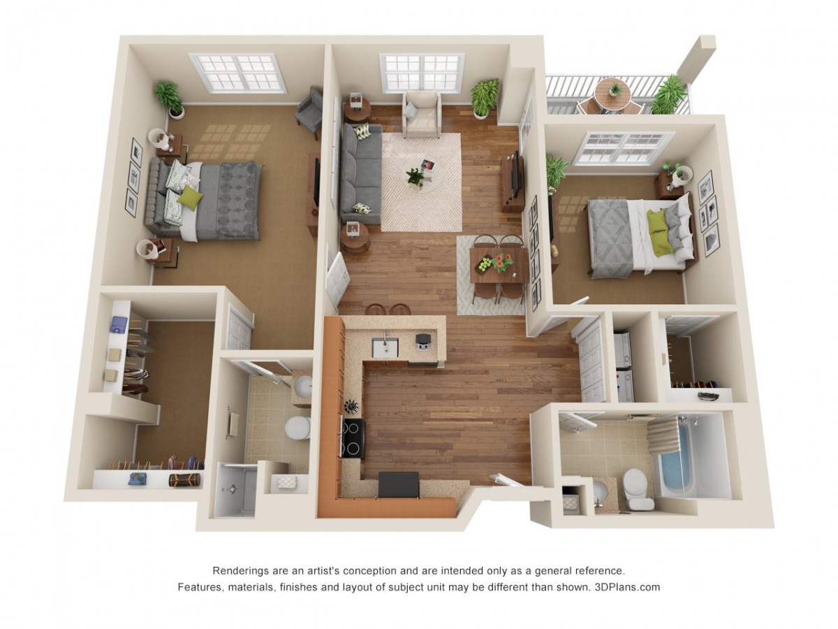 A detailed floor plan of a two-bedroom apartment showing the layout of rooms and furniture.