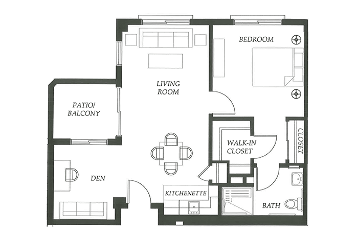 A detailed floor plan of an apartment featuring a bedroom, living room, kitchen, dining area, and a balcony.