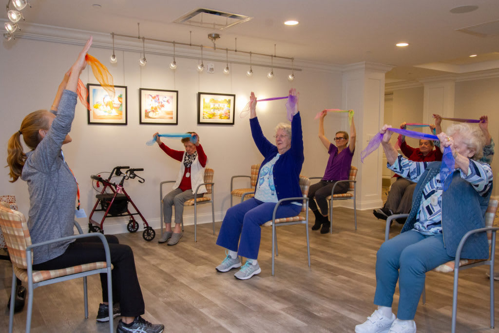 A group of seniors participating in a chair exercise class using colorful scarves.