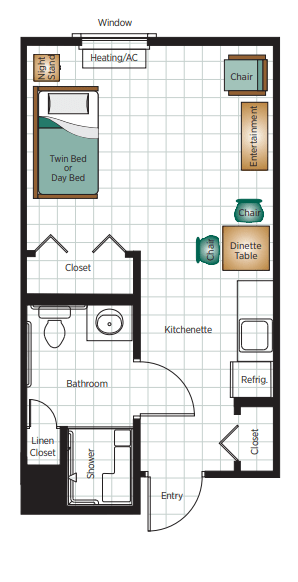This image shows a floor plan of a small apartment, featuring a bed area, closet, kitchen/dining space, and bathroom.