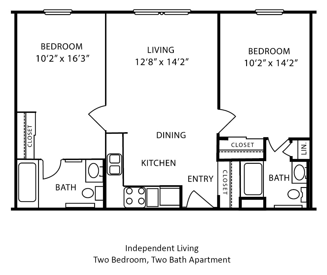 Floor plan of a two-bedroom, two-bath apartment for independent living.