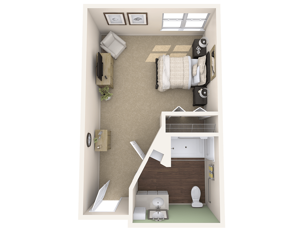 A 3D floor plan of a compact bedroom with essential furniture and an attached bathroom.