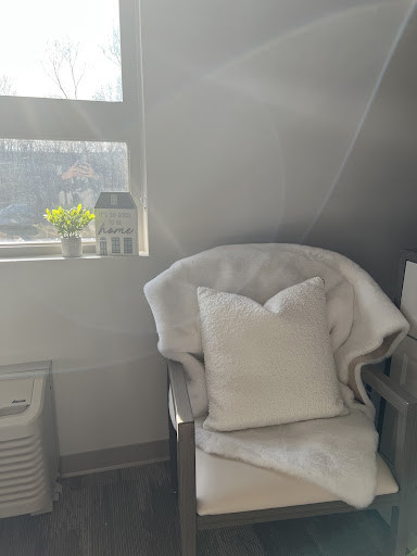 A cozy corner featuring a comfortable chair with a white pillow, bathed in natural light, complemented by a small plant on the windowsill.
